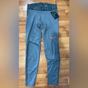 Nike Pro Hyperwarm Grey Leggings with Orange Logo - Men’s Size Medium